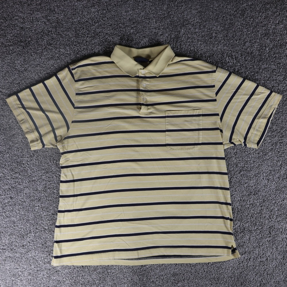 Puritan Men's XL Striped Polo Shirt Yellow Navy Pocket Short Sleeve Preppy